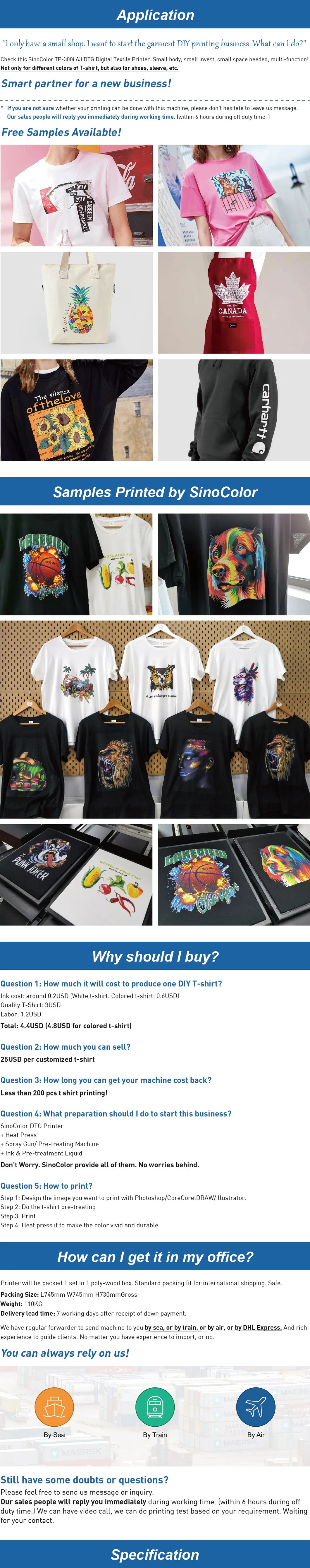 1440 Dpi Chinese Factory A3 A4 Cotton T-Shirt Printer Tp-300 with Epson Dx7 Head in Shanghai