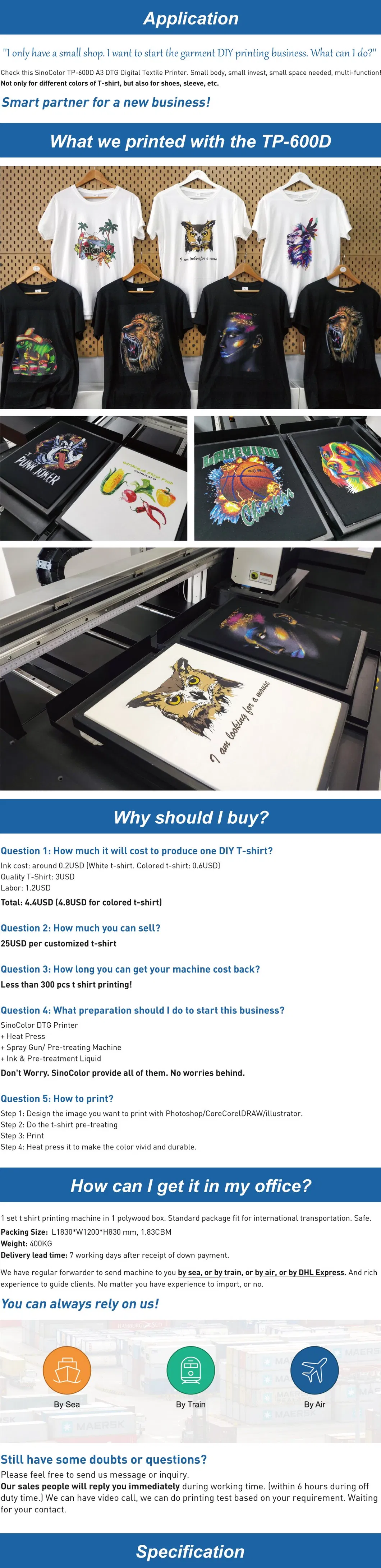 1440 Dpi Shanghai Factory Sinocolor A2 A3 DTG Printing Machine for Logo