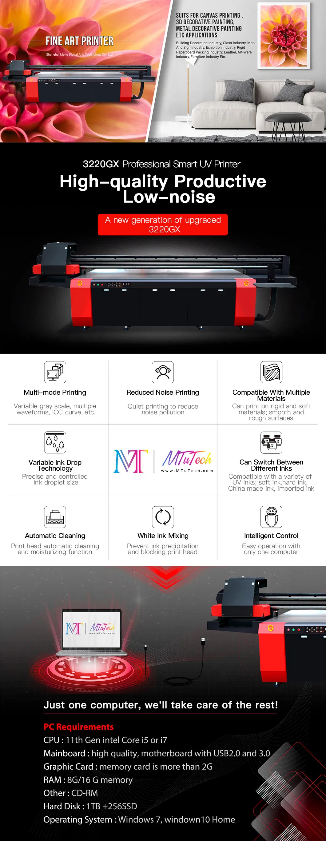 720*1200dpi LED UV Lamp Corrugated Plastic Printer ODM Mt-UV3220gx