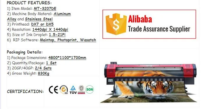 Dx5 Impresoras Eco-Solvent Printer Inkjet Printer 3.2m 1440*1440dpi