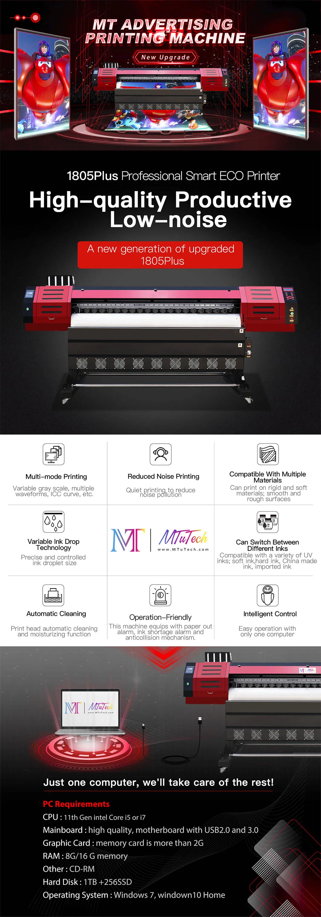 Factory 1440*1440dpi Roll to 1.6/1.8/3.2 Meters Advertising Banner Printer Mt-1805plus