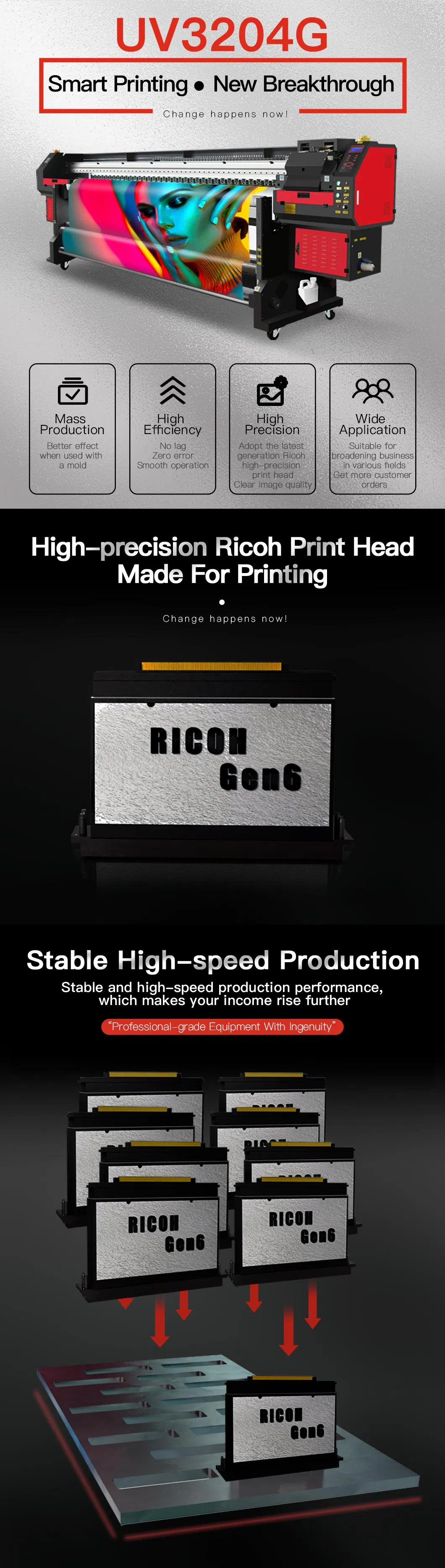 LED UV Digital Printer with Ricoh Gen5 3.2 Width Format with 1440*1440dpi Resolution