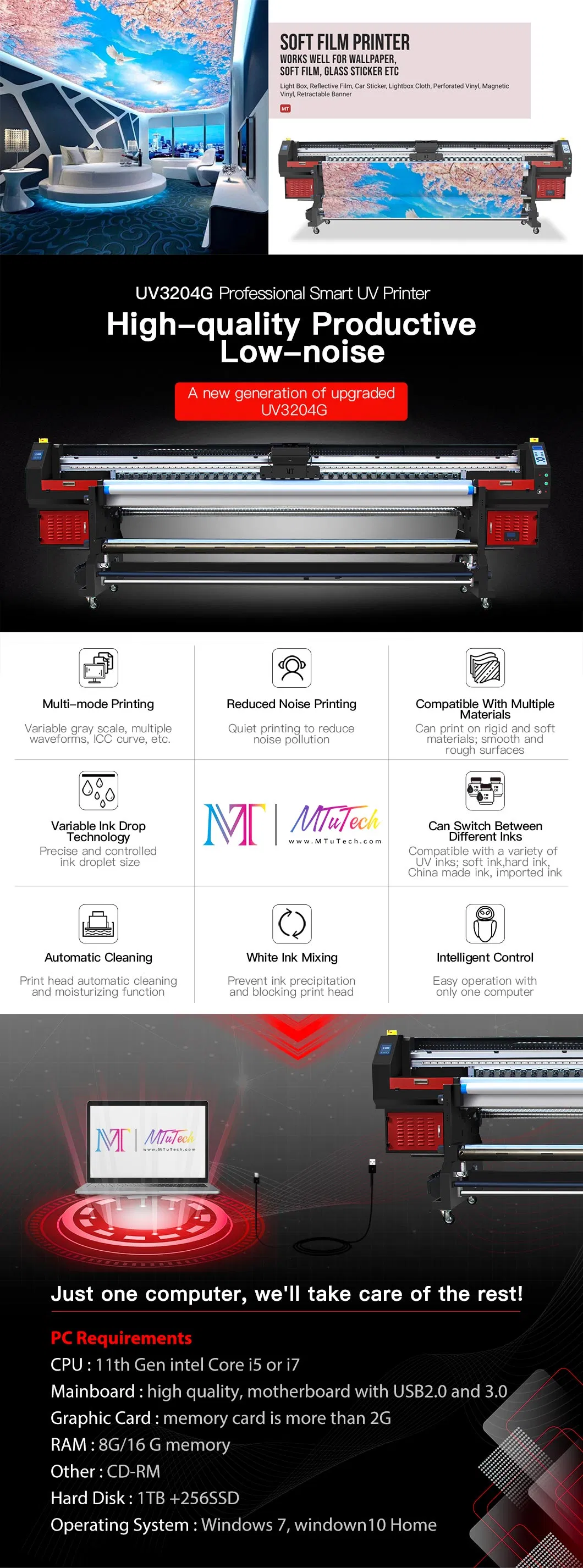 LED UV Digital Printer with Ricoh Gen5 3.2 Width Format with 1440*1440dpi Resolution